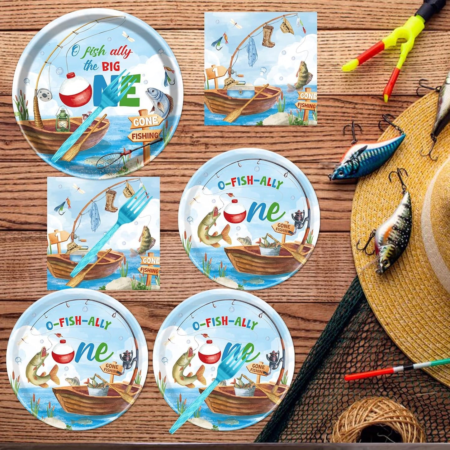 Rakuto Ofishally One Birthday Party Decorations, 96Pcs O Fishally One First Bday Paper Plates and Napkins Tableware Decoration Gone Fishing 1st Forks Decor Fish Themed 1 Years Old Supplies, Serve 24
