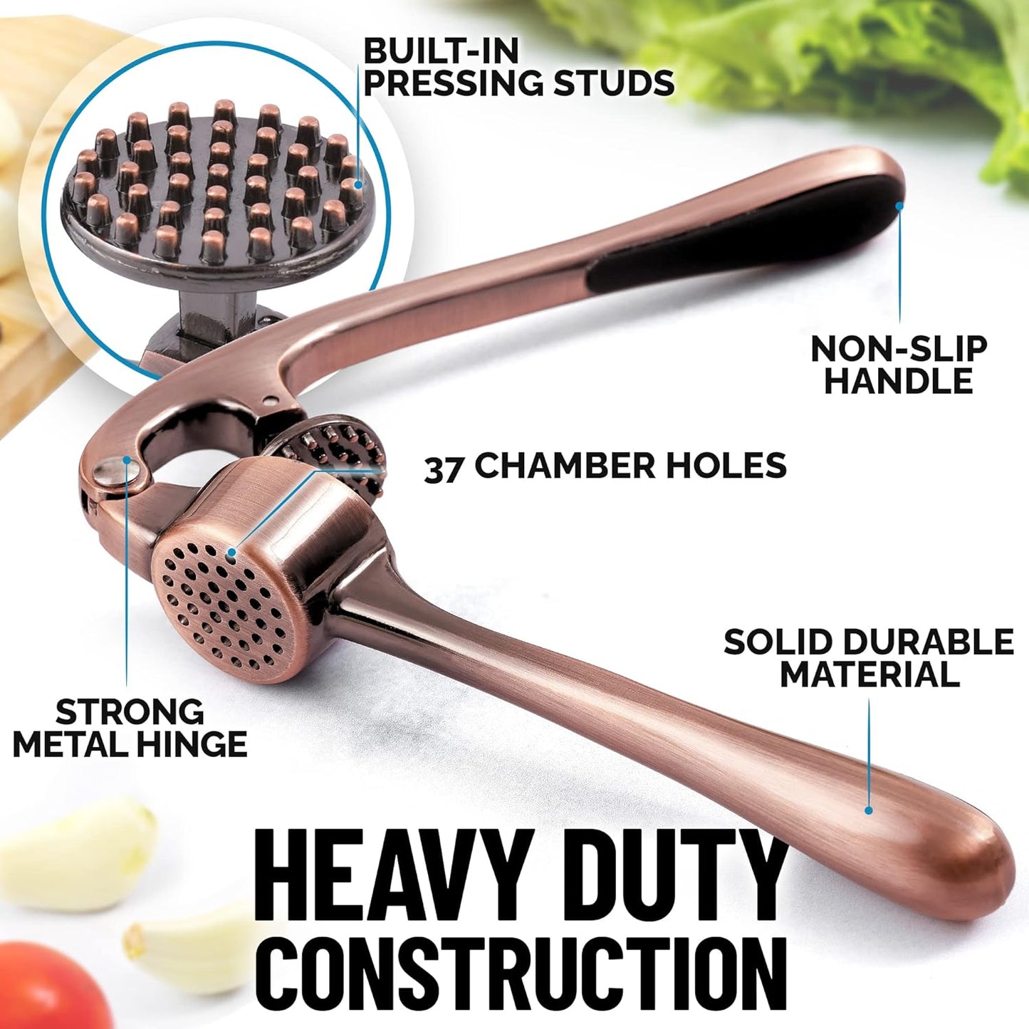 Zulay Kitchen Premium Garlic Press - Durable Garlic Masher with Soft, Easy to Squeeze Handle - Garlic Mincer Tool - Sturdy Easy to Clean Garlic Crusher (Copper)