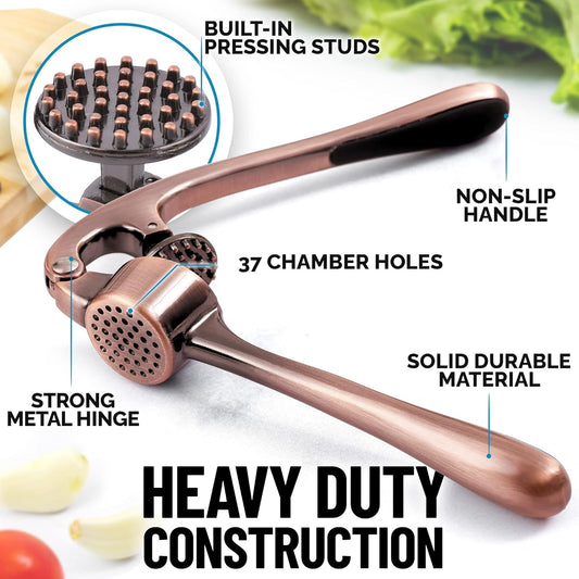Zulay Kitchen Premium Garlic Press - Durable Garlic Masher with Soft, Easy to Squeeze Handle - Garlic Mincer Tool - Sturdy Easy to Clean Garlic Crusher (Copper)