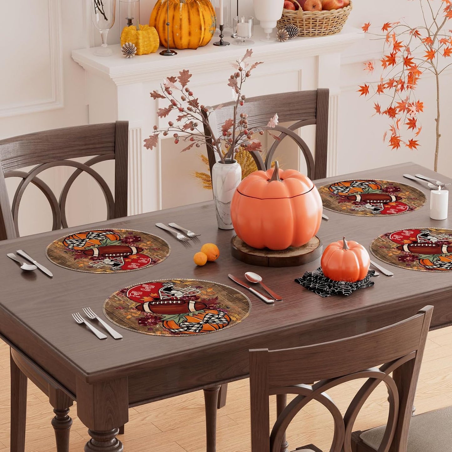 XCHI Fall Football Pumpkin Wood Round Placemats Set of 4 Table Mats for Party Home Kitchen Dining Table Decorations 14x14 Inch