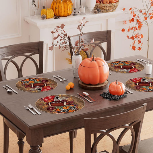 XCHI Fall Football Pumpkin Wood Round Placemats Set of 4 Table Mats for Party Home Kitchen Dining Table Decorations 14x14 Inch