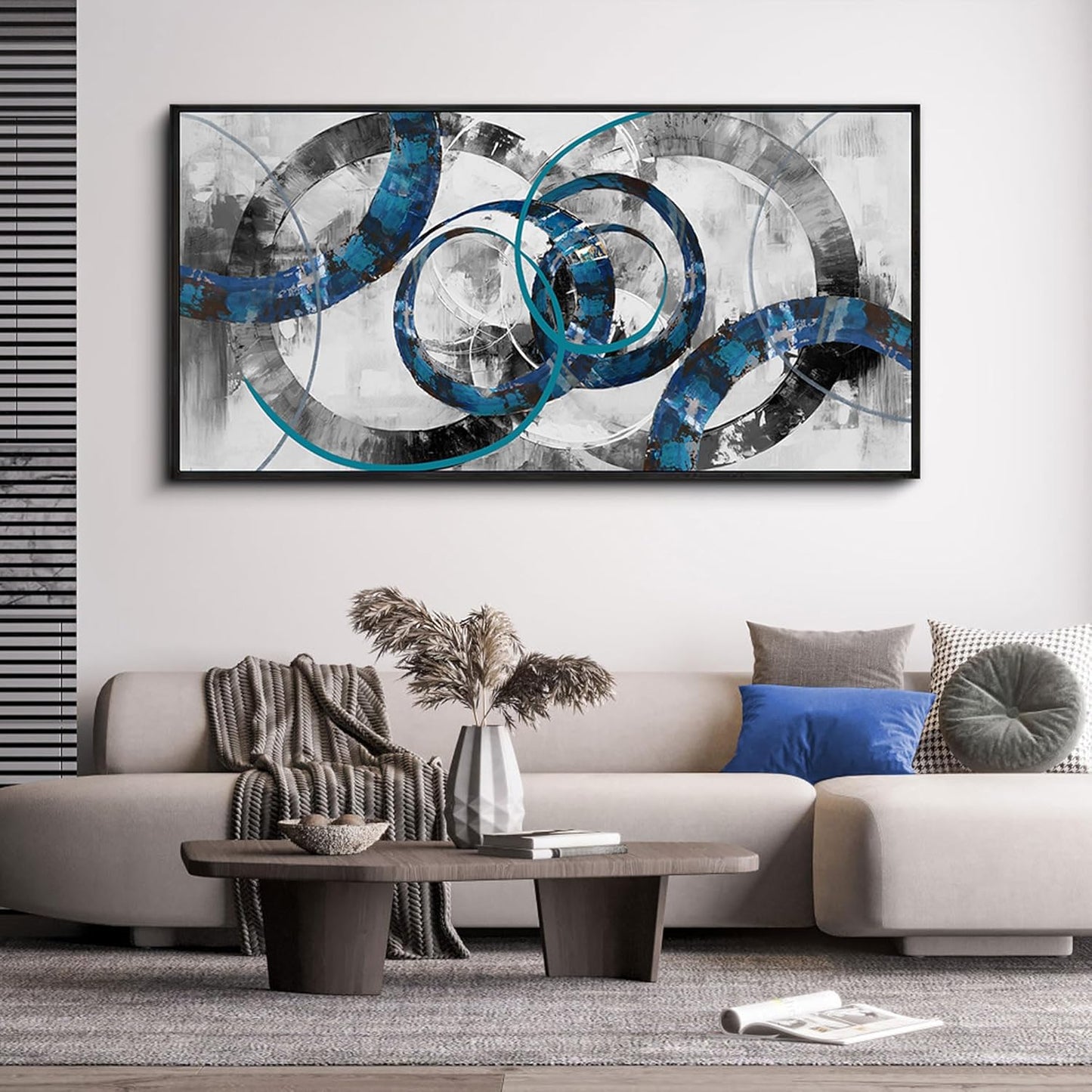 XLSJERST Large Frame Wall Art Blue Abstract Canvas - Modern Art Decor Pictures for Living Room Bedroom Office Gray and White Paintings Artwork Size 24x48 Inches