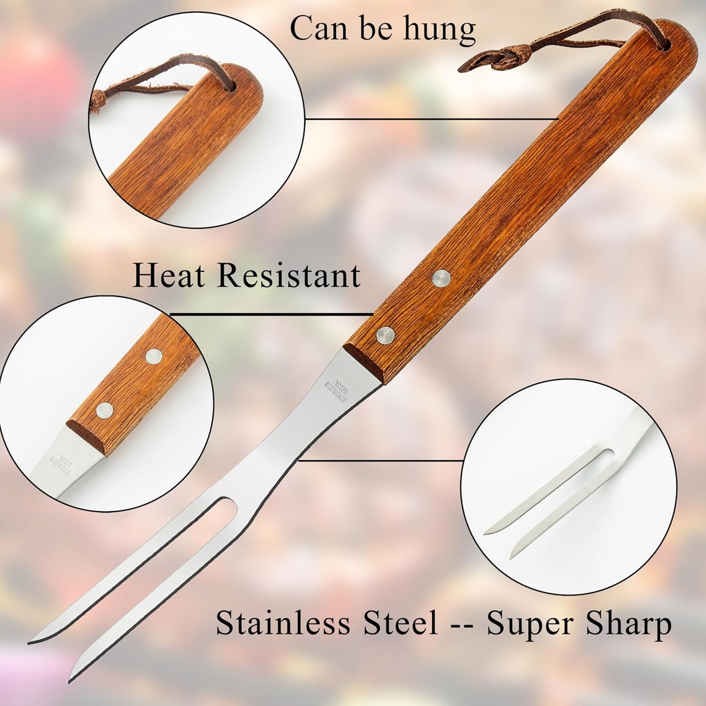 Ponpon 2Pcs Meat Forks Stainless Steel Carving Fork with Wooden Handle Barbecue Fork for Cooking Kitchen (2)