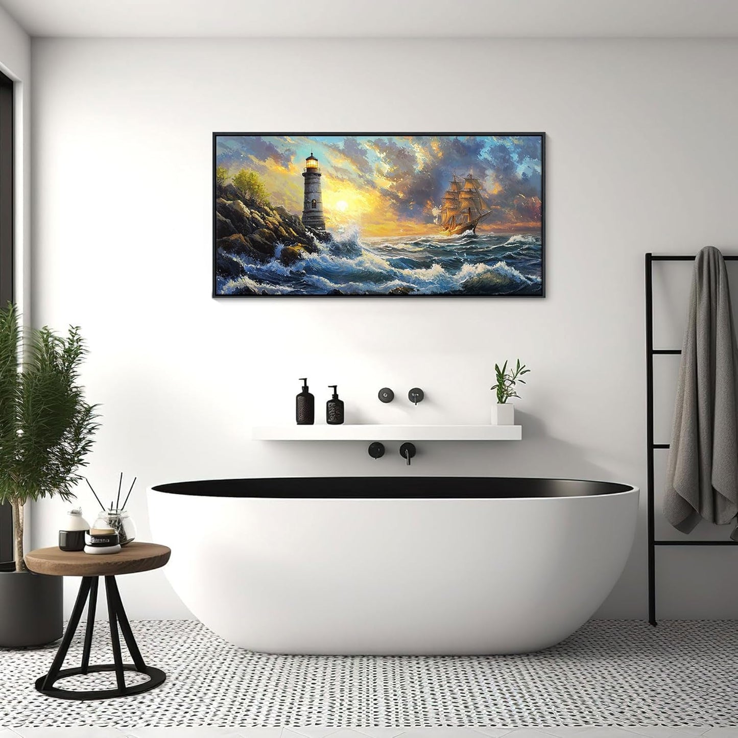 CHATYOUNG Sunrise Pictures Wall Art, Big Waves Sailboat Lighthouse Ocean Adventure Landscape Canvas Framed Paintings Ready to Hang Living Room Bedroom Bathroom Kitchen Home Office Decor 20x40 IN