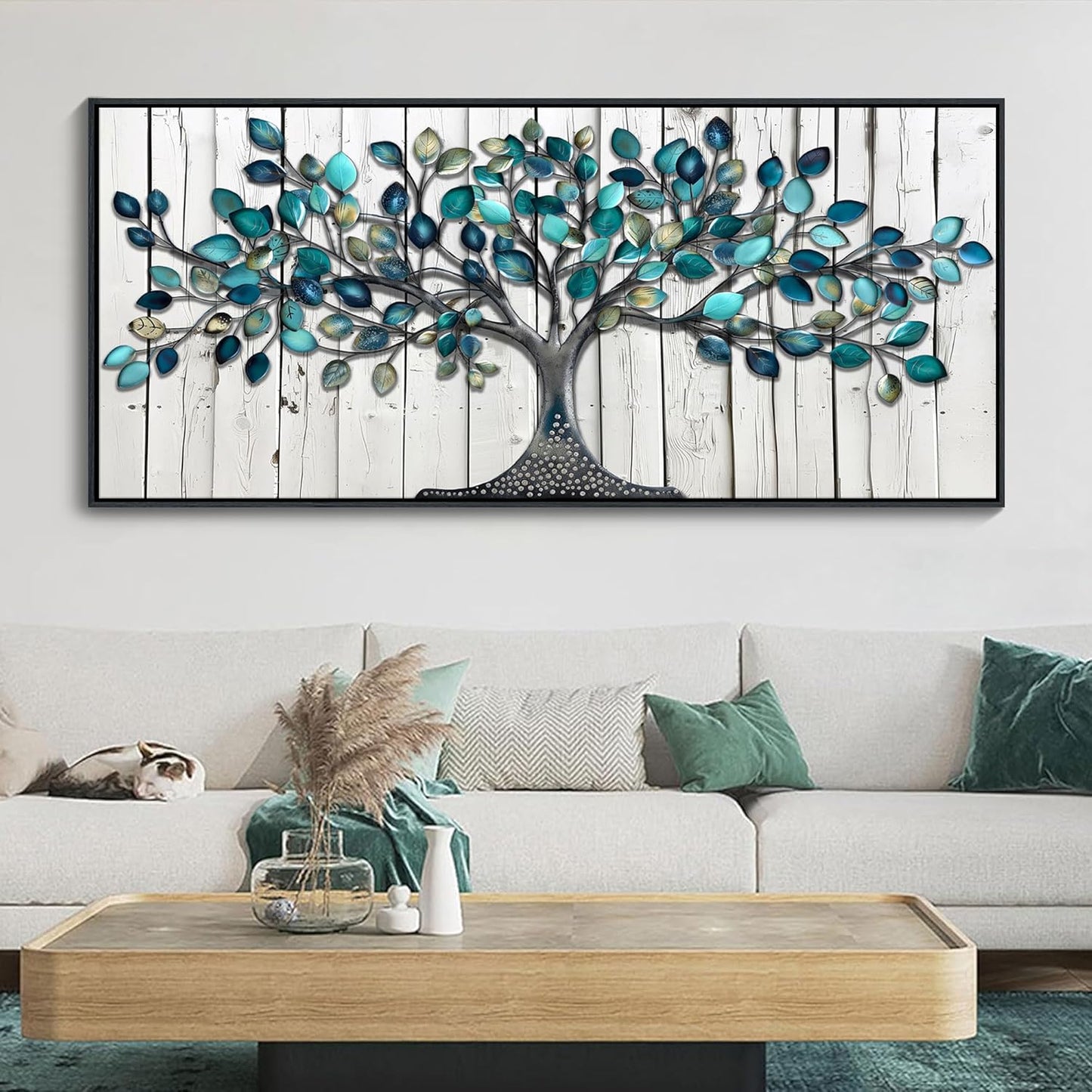 CHATYOUNG Large Trees Wall Art - Teal Leaves Gray Wood Texture Background Paintings Abstract Tree of Life Pictures Artwork for Living Room Bedroom Office Kitchen Home Decor 71"x32"