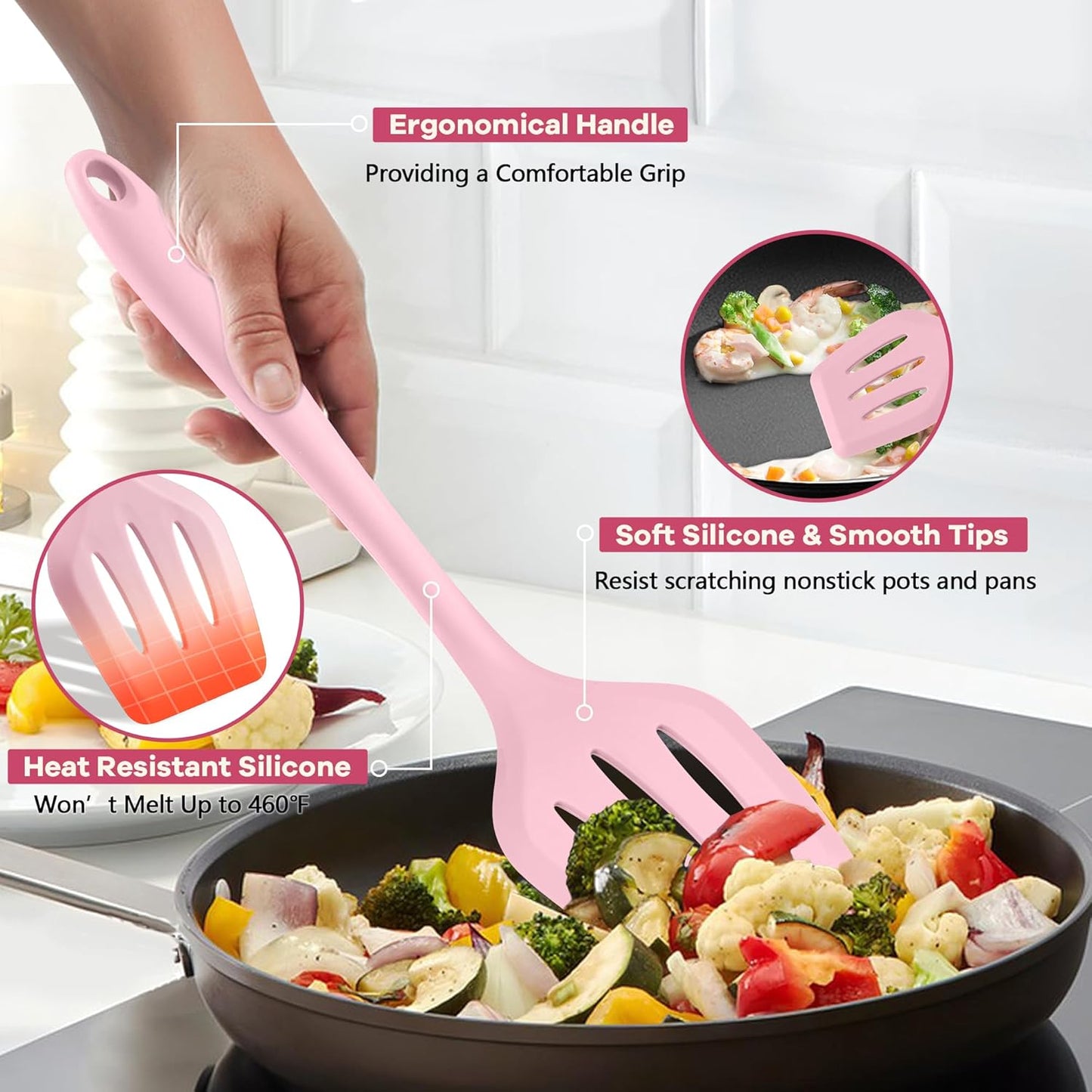 TeamFar Kitchen Cooking Utensils, 10 pcs Silicone Cooking Utensils Set, 446°F Heat Resistant Kitchen Gadgets Tools Set w/Spatula, Turners, Spoons, Soup Ladle, Pasta Server for Nonstick Cookware, Pink