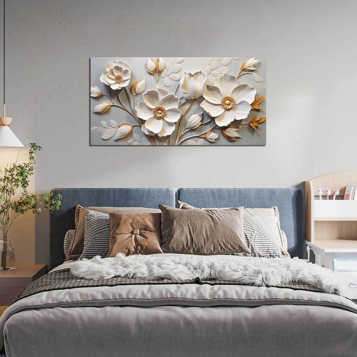 AOZEMI White Flowers Wall Art Floral Pictures Art Botanical Canvas Plant Prints Gold Wall Decor for Living Room Bedroom 24x48