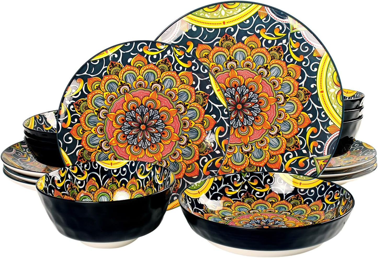 Mandala Dinnerware Sets, Plates and Bowls Set, Porcelain Dishes (16 Pieces) Service for 4, Zanzibar, Bohemian Style Dining Ware, for Kitchen and Dining Multicolor Dinnerware Set, Black