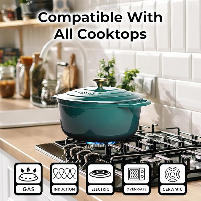 Zulay Kitchen 5 Quart Enameled Cast Iron Dutch Oven Pot with Lid – Premium Durability & Oven Safe up to 500°F – Heavy Duty Cookware Perfect for Bread Baking, Stews, Braising & Roasting – Emerald