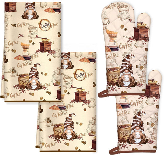 Vintage Coffee Kitchen Towels and Oven Mitts Set 4Pcs, Soft Absorbent Dish Cloth Heat Resistant Oven Gloves for Cooking Baking Kitchen Decoration, Gifts for Her