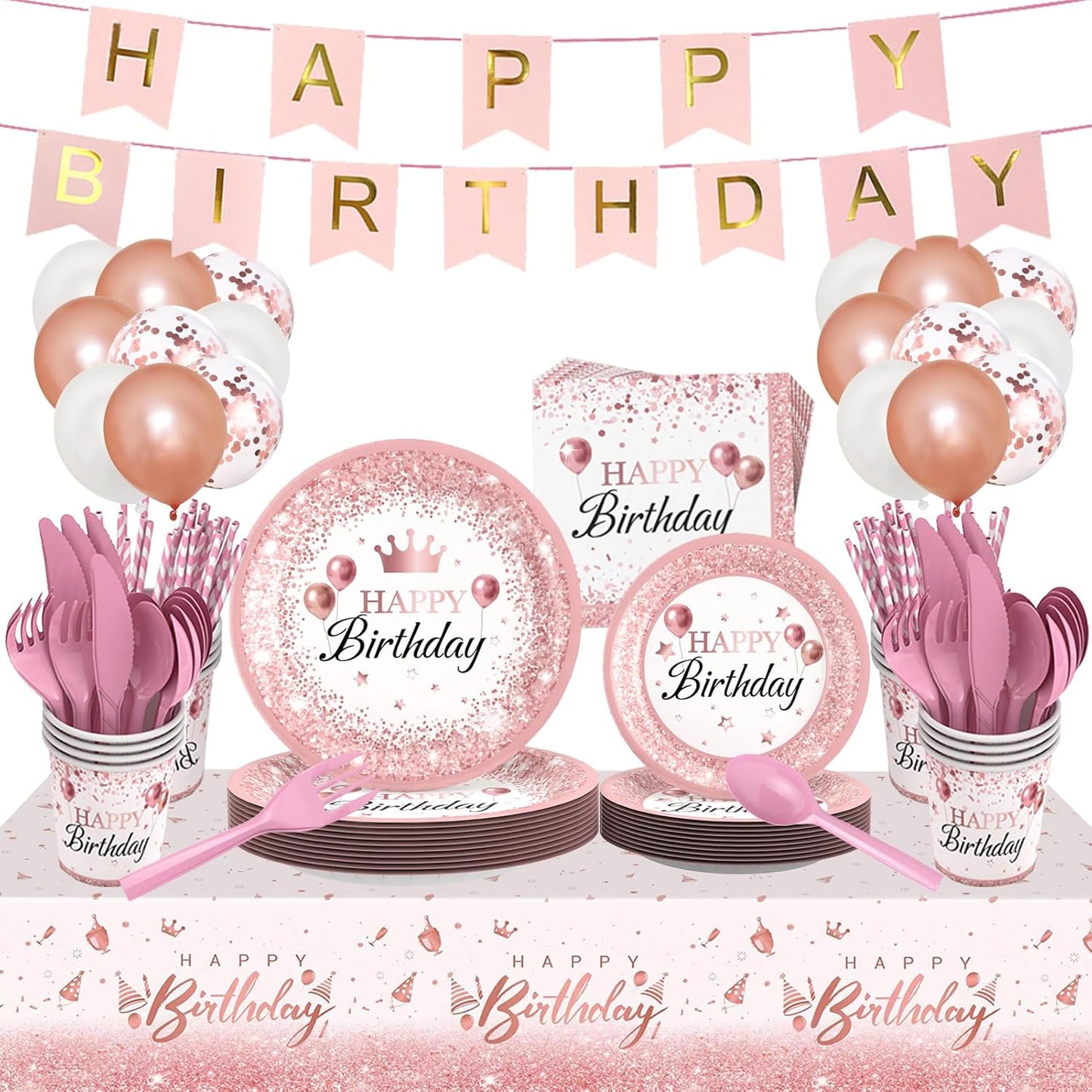 212Pcs Pink Rose Gold Plates Napkins Birthday Party Supplies Disposable Birthday Dinnerware Set,Girls Birthdays Party Plates Pink Sets With Banners Cups Forks knives Spoons Tablecloth Balloon Serve 24
