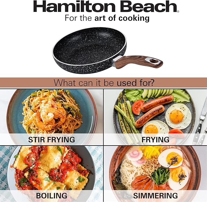 Hamilton Beach Fry Pan 10-Inch, Nonstick with Marble Coating, Wood like Soft Touch Handle, Non-Stick Granite Fry Pan Egg Pan Omelet Pans, Stone Cookware Chef's Pan, PFOA Free Induction Bottom