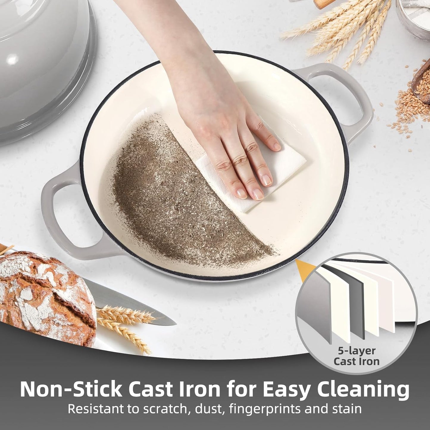 Davivy 5.5QT Cast Iron Dutch Oven with Lid, Bread Dutch Oven for Sourdough Bread, 10" Round Sourdough Bread Baking Pan, Enameled Cast Iron Bread Oven - Light Grey