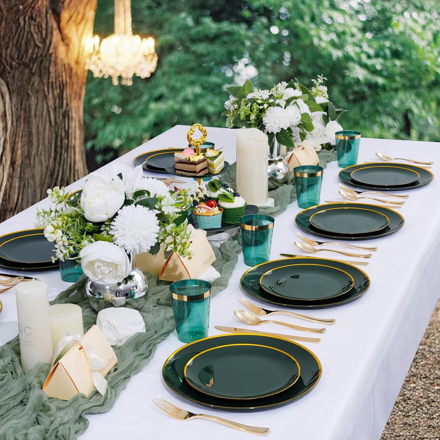 LIYH 180 Pcs Green and Gold Plastic Christmas Plates - Disposable Christmas Dinnerware sets, Green Dinner Dessert Plates, Gold Plastic Silverware Cups for Holiday, Party