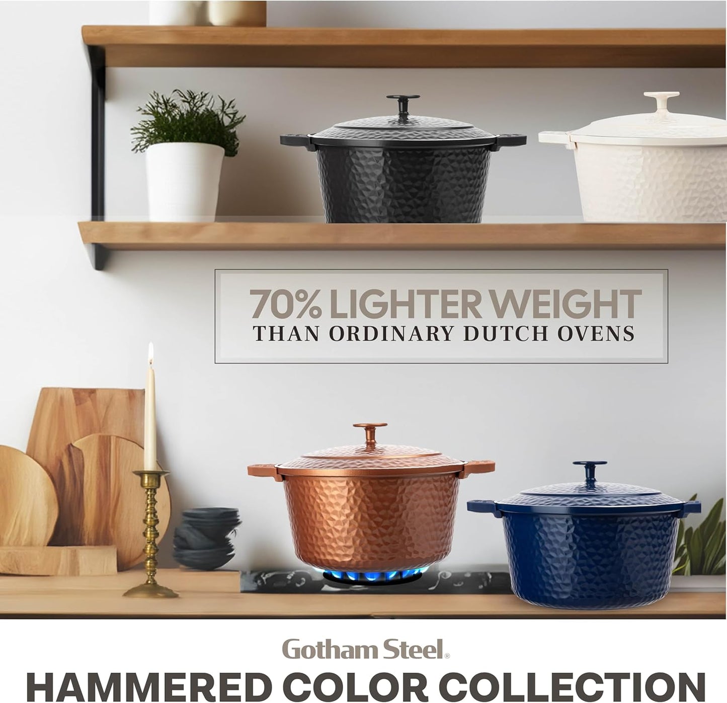 Gotham Steel Hammered 5 Qt Lightweight Dutch Oven Pot with Lid & Holders, Ceramic Non Toxic, Oven Safe & Even Heat Retaining Dutch Oven for Bread Baking Sourdough, Soup, 70% Lighter than Cast Iron