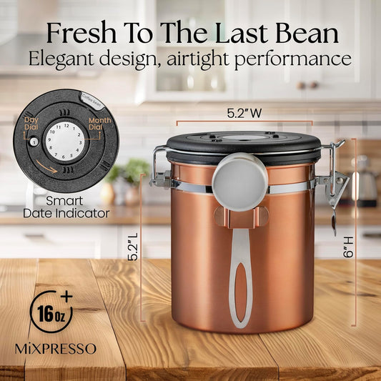 Mixpresso 16 Oz Copper Coffee Canister, Stainless Steel Airtight Coffee Container, Ground and Bean Storage with Date Tracker, Vacuum Sealed Espresso Airtight Container, Sugar Container