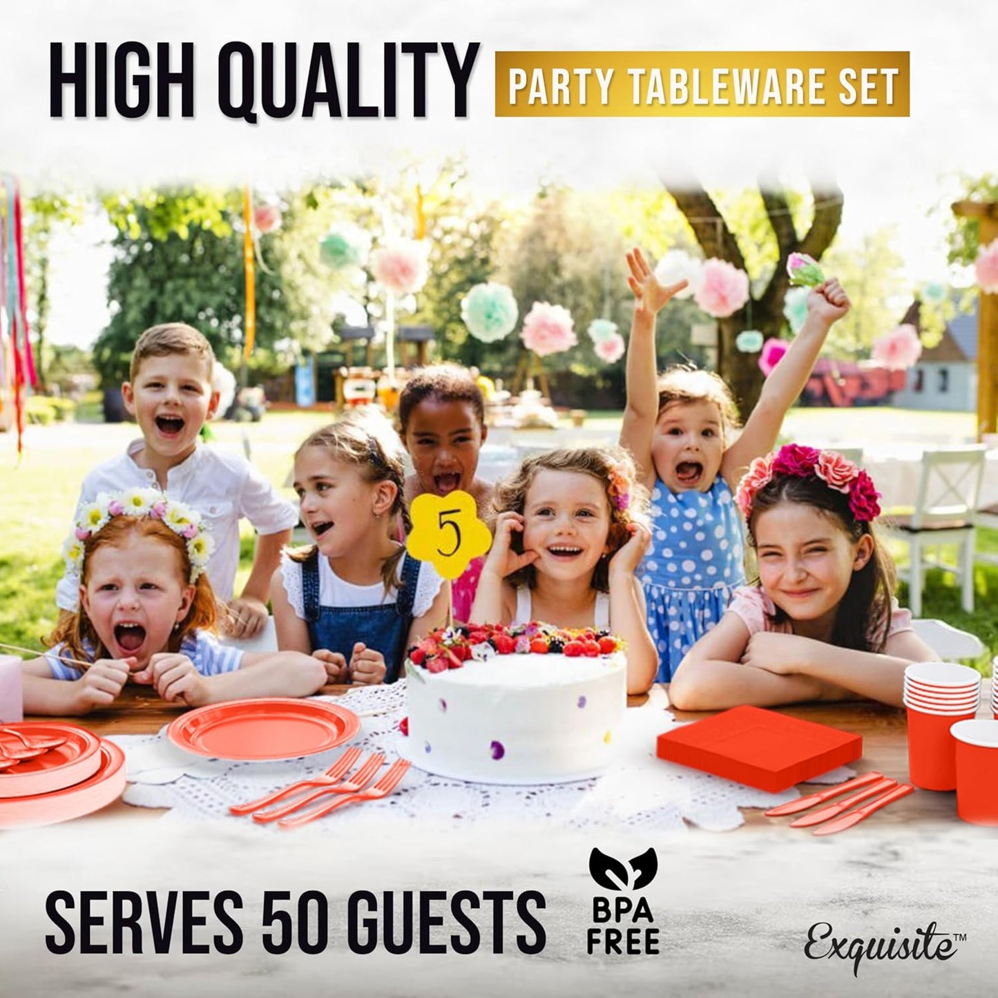 Exquisite 350 Pcs Orange Paper Plates For Party, Orange Disposable Plates Set, 50 Of Each 9" Dinner Plate Set, 7" Dessert Plate, Cups, Napkins & Cutlery Paper Dinnerware