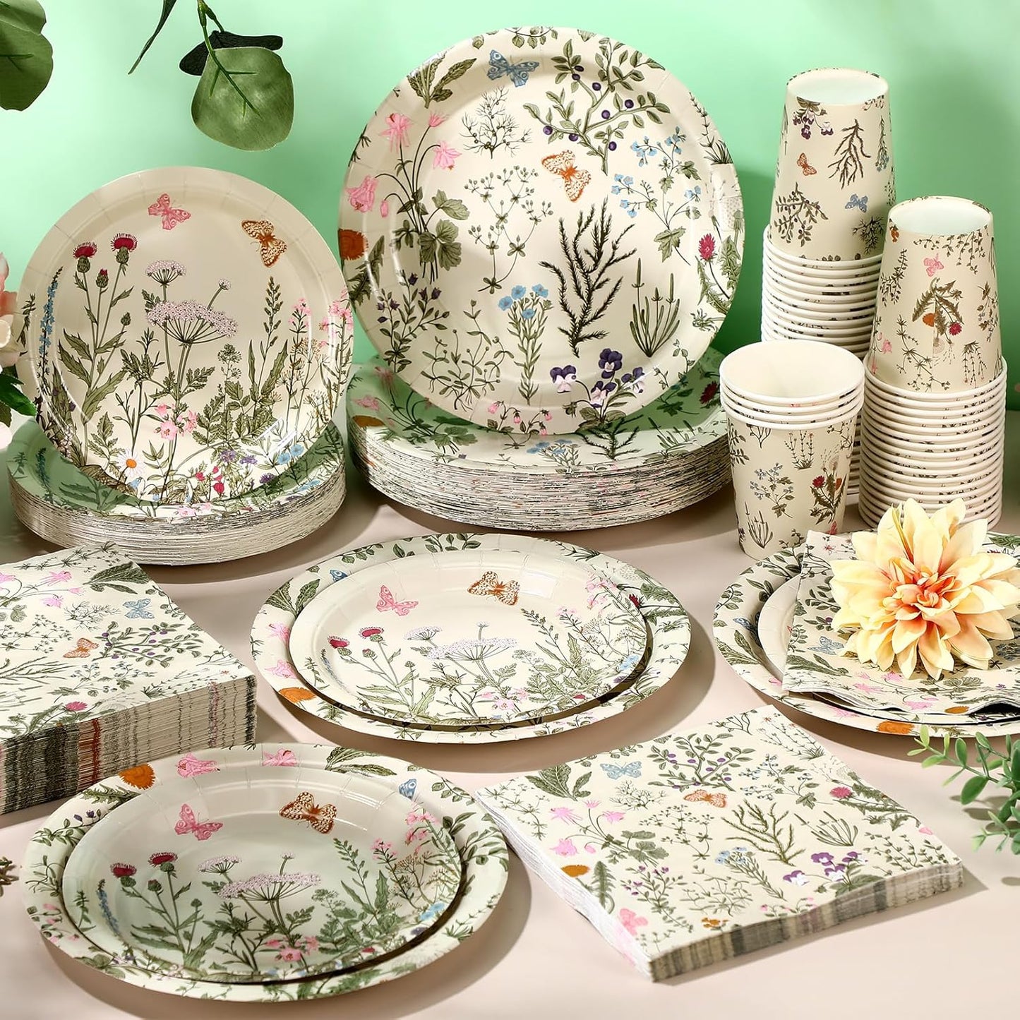 250 Pcs Wildflower Party Decorations Include Spring Summer Floral Paper Plates Napkins and Cups for Wildflower Baby Shower Tea Decorations, Serve 50 Guest(Light Green,Vintage Style)