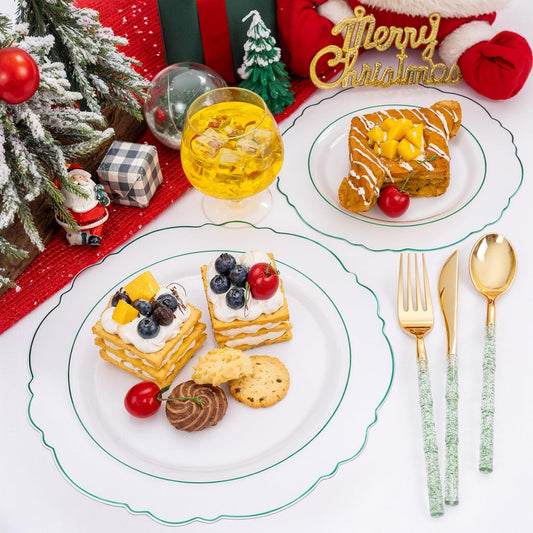 Liacere 150PCS Clear and Green Plastic Plates - Disposable Plates with Glitter Bamboo Handle Cutlery - 60 Baroque Elegant Plates,30Forks,30Spoons,30Knives for Christmas