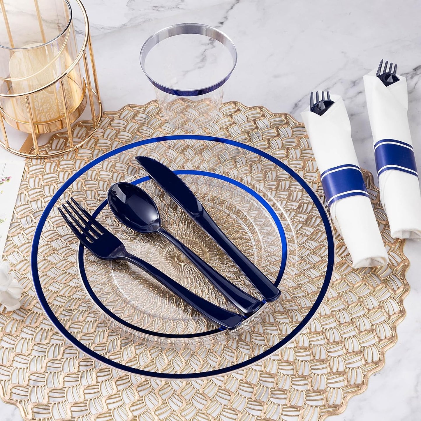 Goodluck 350 Piece Dark Blue Plastic Dinnerware Set for Party, Clear Disposable Plates for 50 Guests, Include: 50 Dinner Plates, 50 Dessert Plates, 50 Pre Rolled Napkins with Cutlery Set, 50 Cups