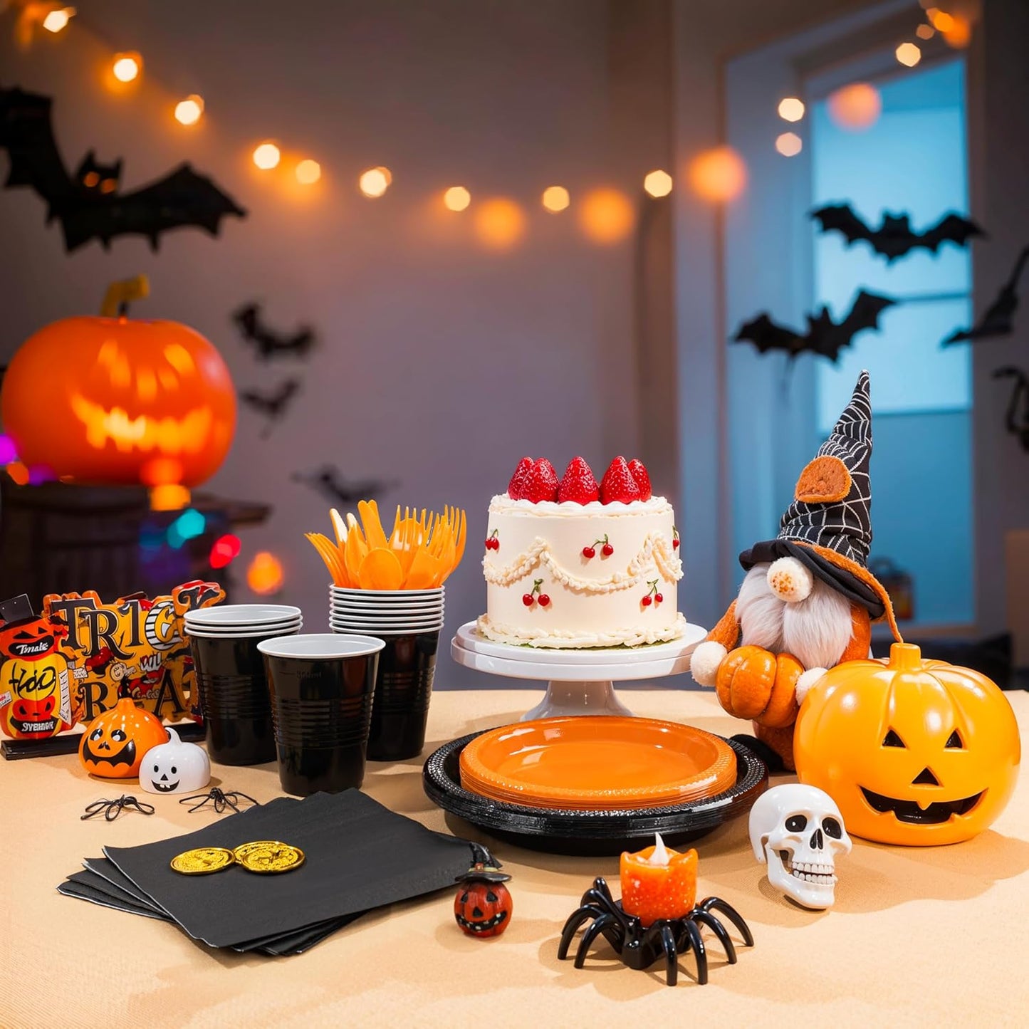 MirthMood 350PCS black and orange Plastic Plates,Black Disposable Plates –Plastic Plates Set Includes 50 Dinner,50 Dessert Plate,50 Cup&50 Napkins, 50 orange Silverware for Wedding& Parties& Halloween