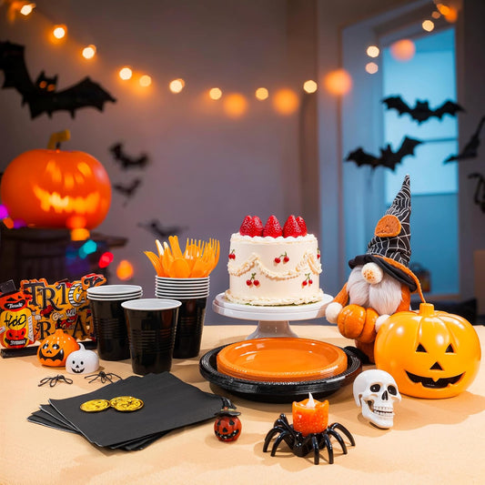 MirthMood 350PCS black and orange Plastic Plates,Black Disposable Plates –Plastic Plates Set Includes 50 Dinner,50 Dessert Plate,50 Cup&50 Napkins, 50 orange Silverware for Wedding& Parties& Halloween