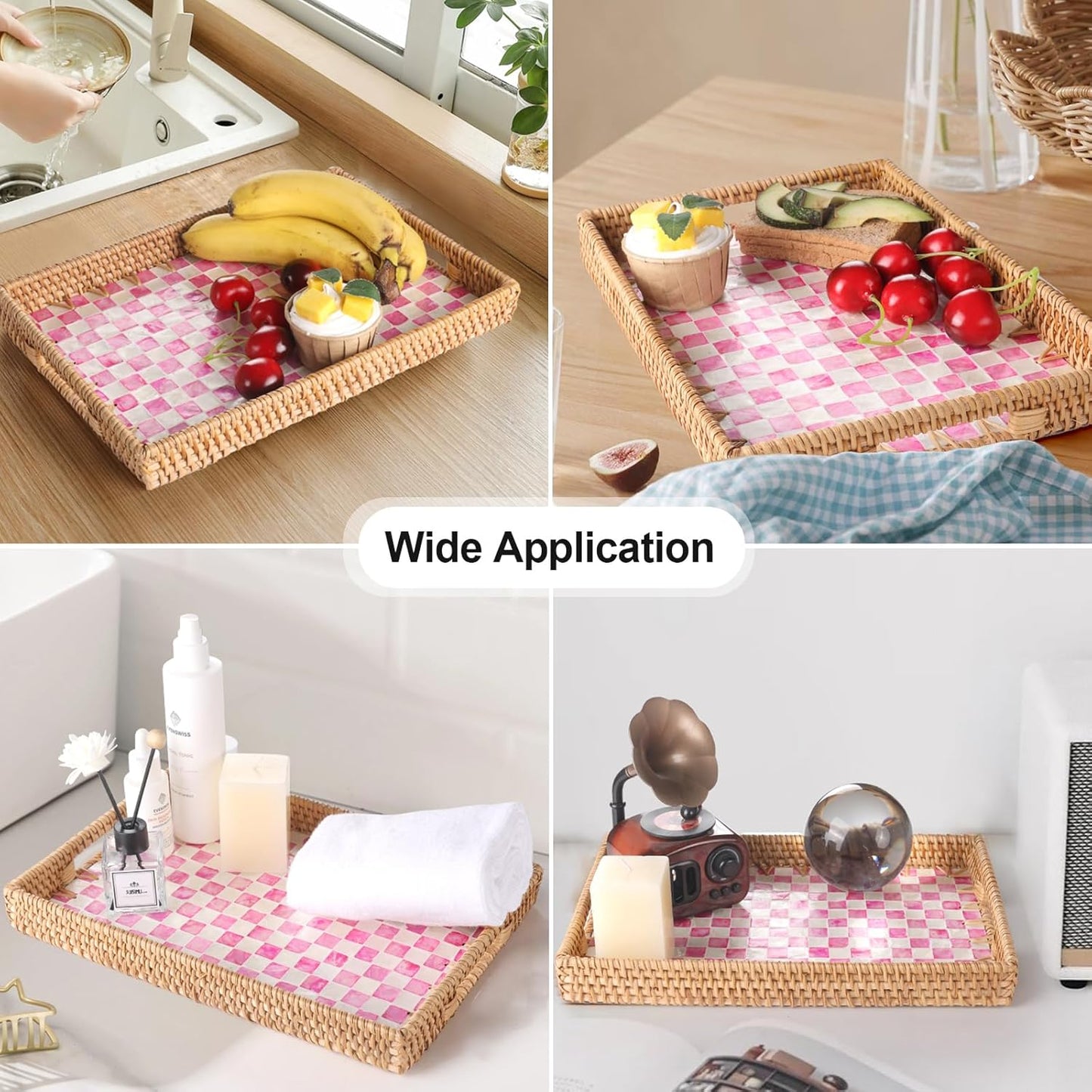 Rectangle Rattan Tray with Mother of Pearl Inlay, Rattan Serving Tray with Handle for Coffee, Bread, Fruits, Decorative Wicker Tray for Table Decor (Rectangle Pink Checkerboard, 13"×9")
