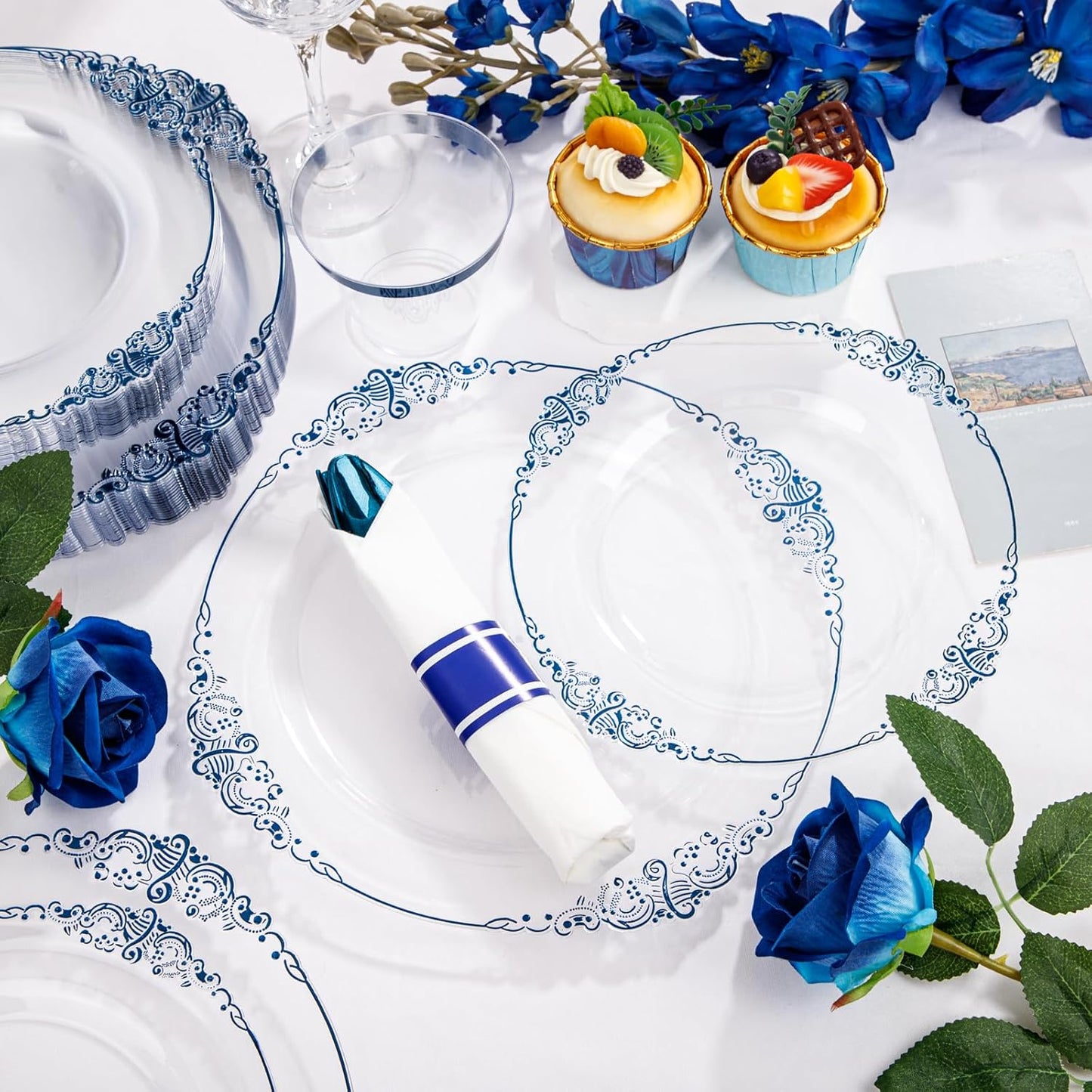 Hioasis 175pcs Clear Blue Plastic Plates - Elegant Disposable Dinnerware Set Suitable for 25 Guests Include 10.25" Dinner & 7.5" Dessert Plates, Pre Rolled Silverware Set, Cups for Party & Wedding