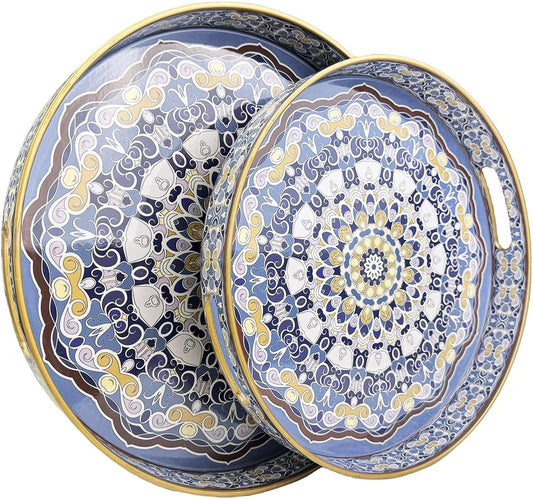 Round Decorative Trays Set of 2, Modern Plastic Serving Tray with Handles for Living Room, Coffee Table, Kitchen, Ottoman, Boho Blue, Large 13", Small 11.8"