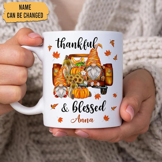 Hyturtle Personalized Fall Gnome Mug Gifts - Thankful And Blessed - Custom Name Coffee Cup Ceramic Mug 11oz 15oz - Gnome Gift For Women - Autumn Gifts - Fall Thanksgiving Decor Gift - Birthday