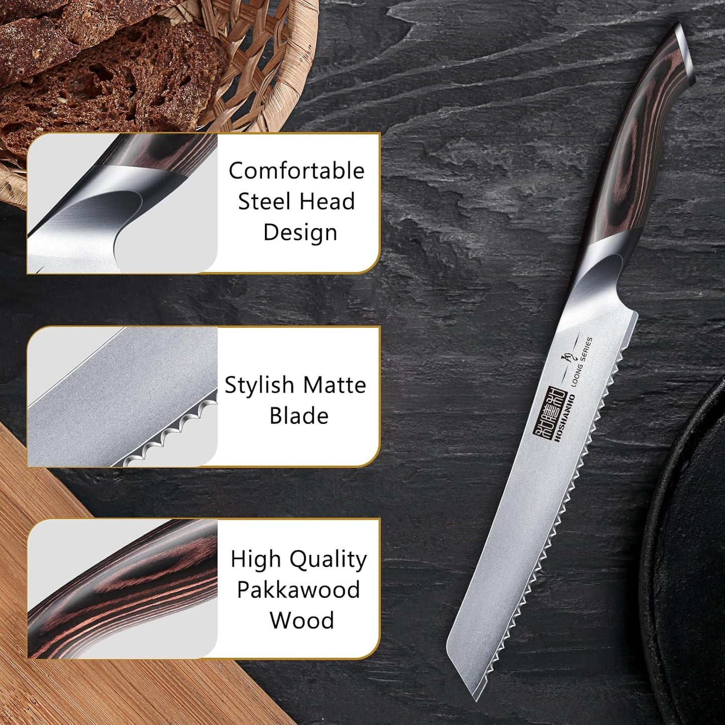 HOSHANHO Bread Knife 8 inch, Japanese High Carbon Stainless Steel Serrated Bread Knife, Professional Bread Cutting Knife for Homemade Bread