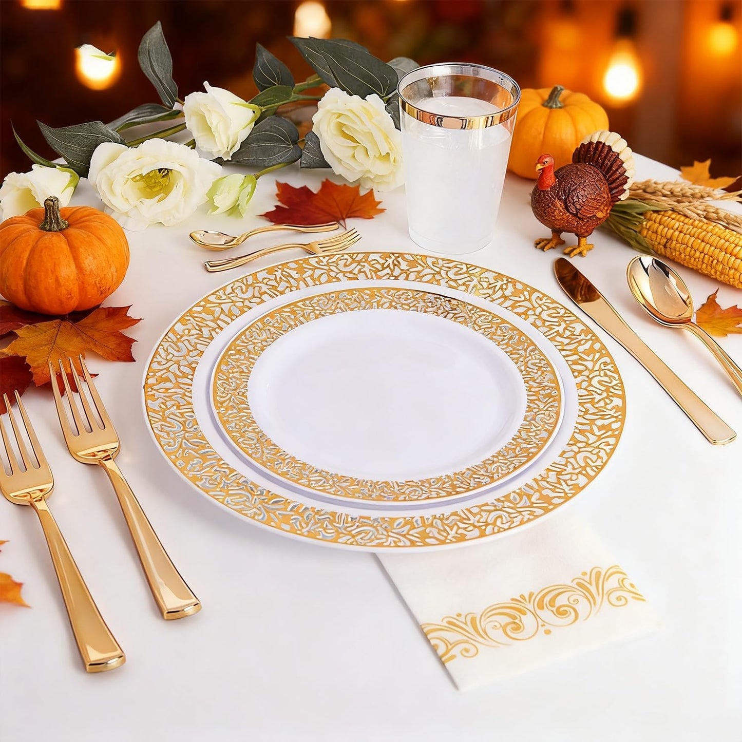 WDF 150PCS Gold Thanksgiving Plastic Plates Set Fall Plastic Plates 25Guests Gold Disposable Dinnerware Sets for Thanksgiving
