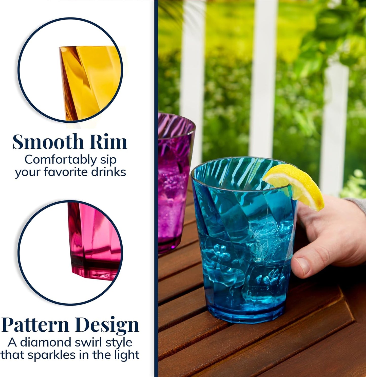 US Acrylic Optix Plastic Reusable Drinking Glasses (Set of 8) 14oz Rocks Cups in Jewel Tone Colors | BPA-Free Tumblers, Made in USA | Top-Rack Dishwasher Safe