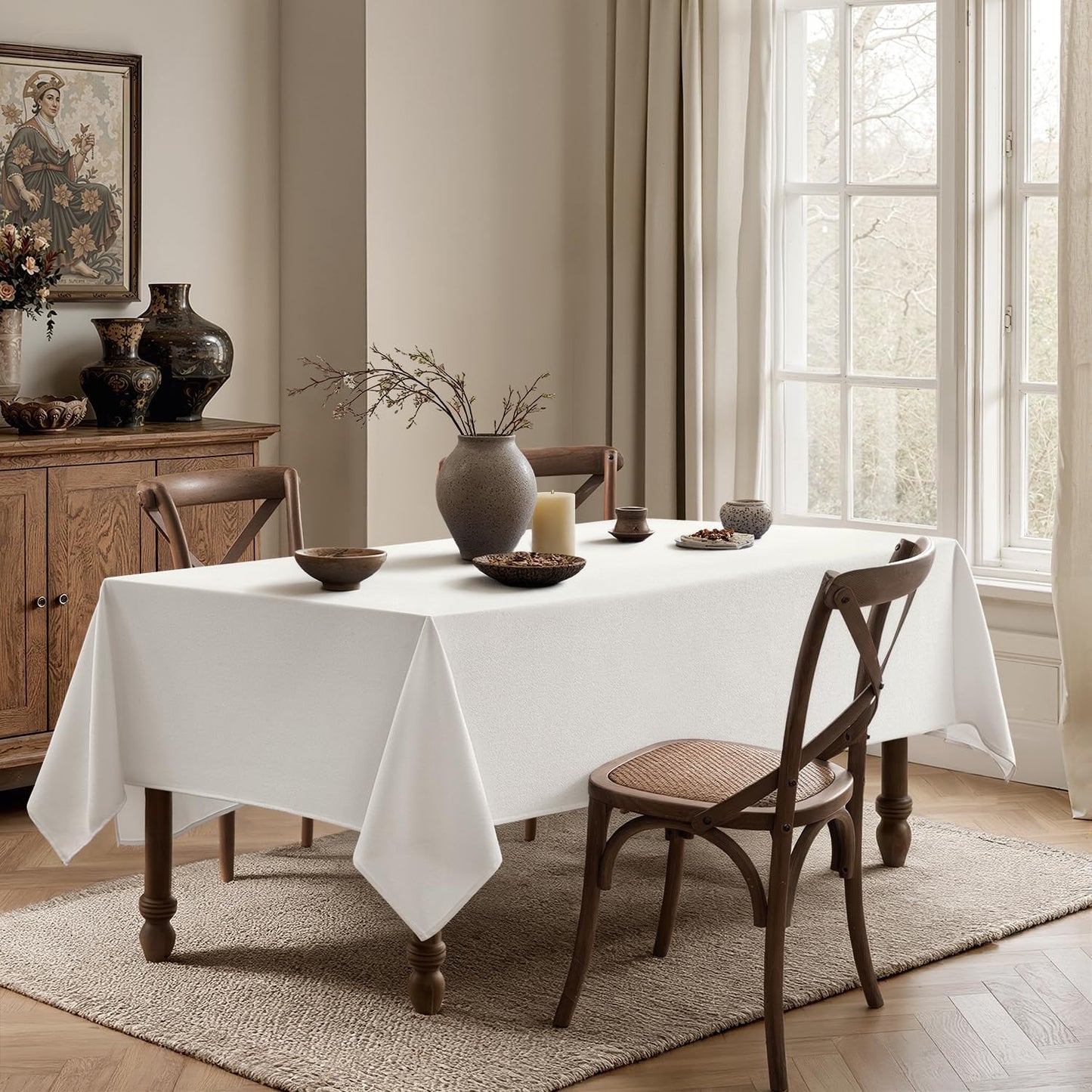 MIULEE White Linen Tablecloth 60x84 Inch Rectangle Table Cloth Waterproof,Stain Resistant & Wrinkle Resistant for Dining Party Wedding