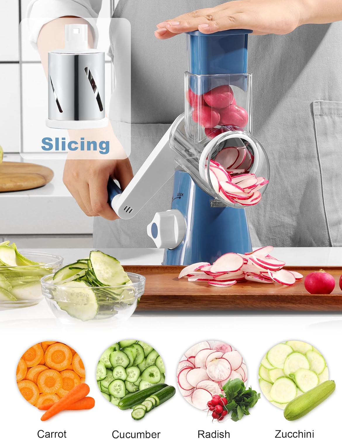 Cheese Grater Rotary, Rotary Grater for Kitchen, Kitchen Grater Vegetable Slicer with 3 Drum Blades, Fast Cutting Cheese Shredder for Vegetables and Nuts