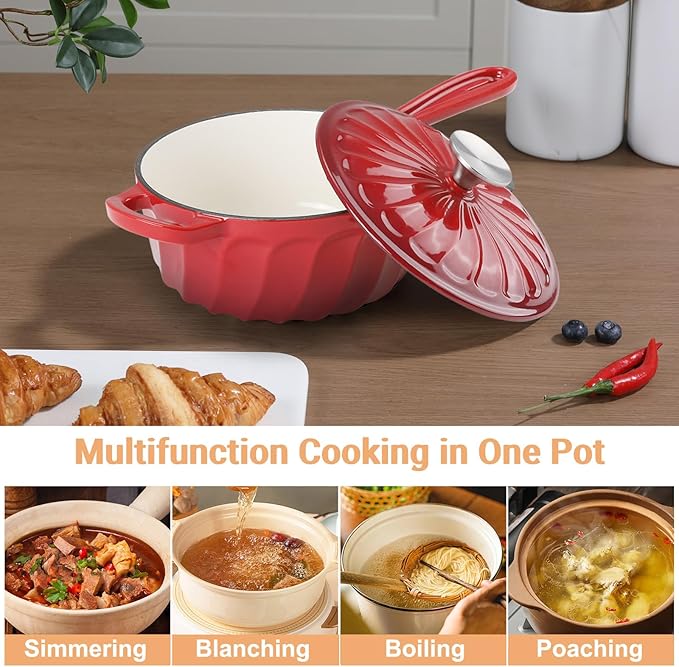 Enameled Cast Iron Sauce Pan, 2 Quart Enameled Saucepan with Lid, Mini Dutch Oven Enamel Saucepan for Cooking Pasta Sauce, Gravy, Puddings, Marinate, Boiling (Gradient Red)