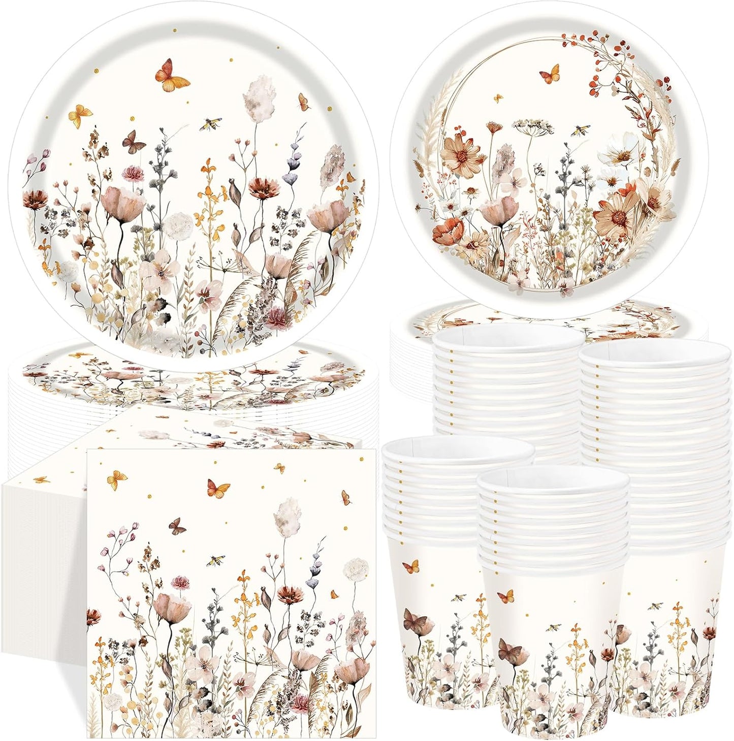 250 Pcs Wildflower Party Decorations Include Boho Autumn Fall Floral Paper Plates Napkins and Cups for Wildflower Baby Shower Tea Decorations, Serve 50 Guest