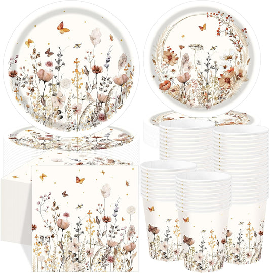 250 Pcs Wildflower Party Decorations Include Boho Autumn Fall Floral Paper Plates Napkins and Cups for Wildflower Baby Shower Tea Decorations, Serve 50 Guest