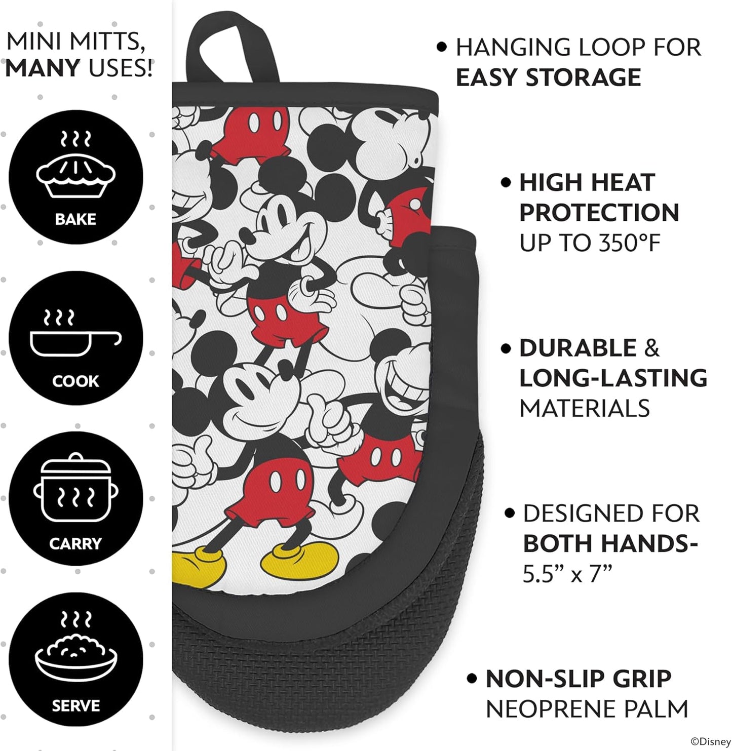 Disney Apron & Oven Mitts Set – 3 Piece Bundle with 1 Cotton Kitchen Apron for Cooking & 2 Heat Resistant Pot Holders
