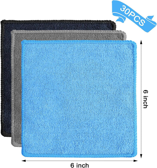 Tanlade 30 Pcs Microfiber Cleaning Cloth 6"x6" Cleaning Rags Reasonable Kitchen Towels Microfiber Towels Cars Wash Dry Erase Cloth (Blue/Gray/Black)