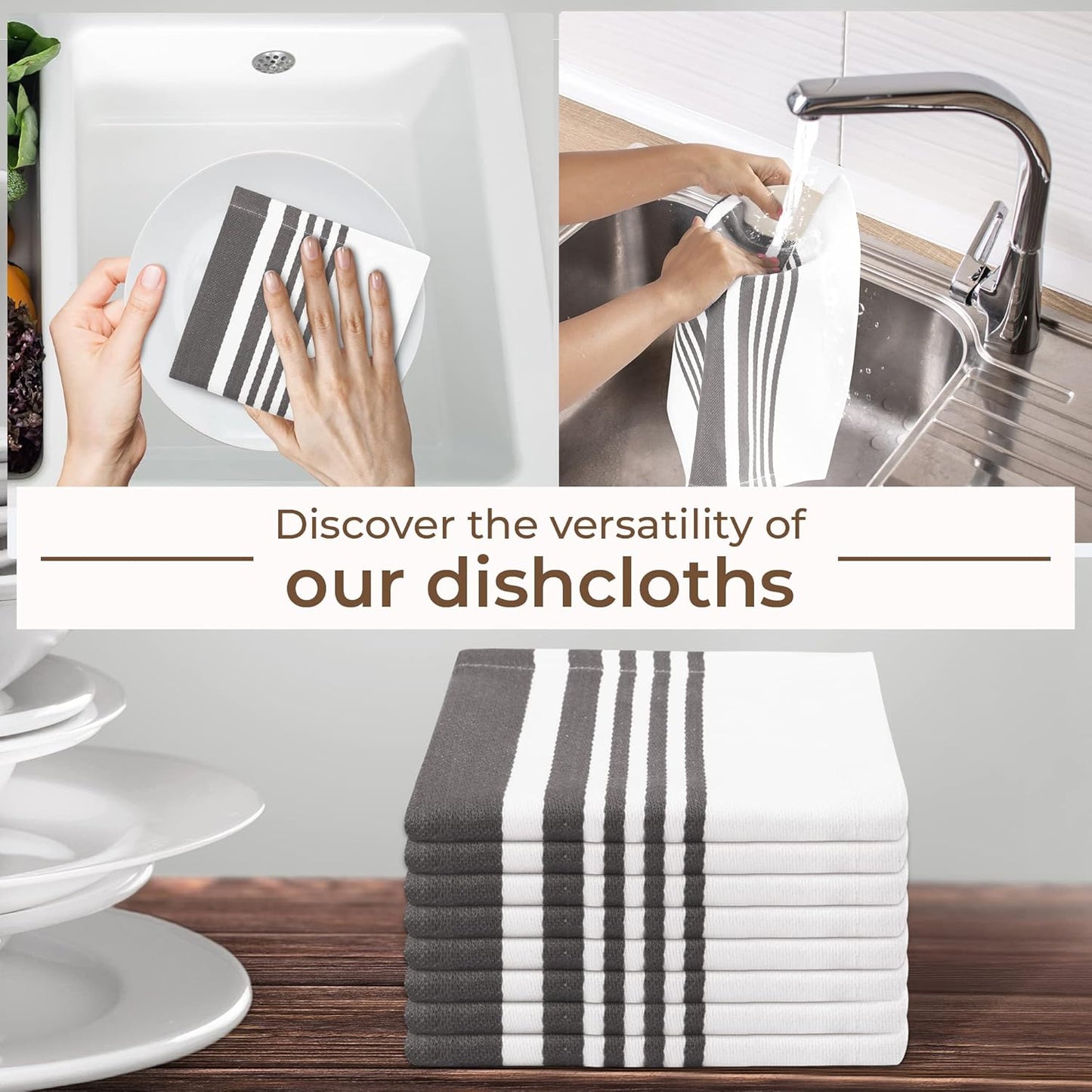 Urban Villa Cotton Dish Cloth Set of 8, Highly Absorbent Super Soft Quick Drying 12x12 Inch Dish Cloths for Kitchen Cleaning & Drying Dishes Mitered Corner Trendy Stripes Kitchen Towels - Grey/White