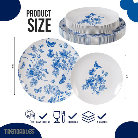Trendables Disposable Plates For Party Supplies | Blue Floral Plastic Plates For Wedding 200 Pcs - 100 X 8" & 100 X 10" Dinner Plate Sets | Floral Plate Set Disposable Plastic Dinnerware Sets