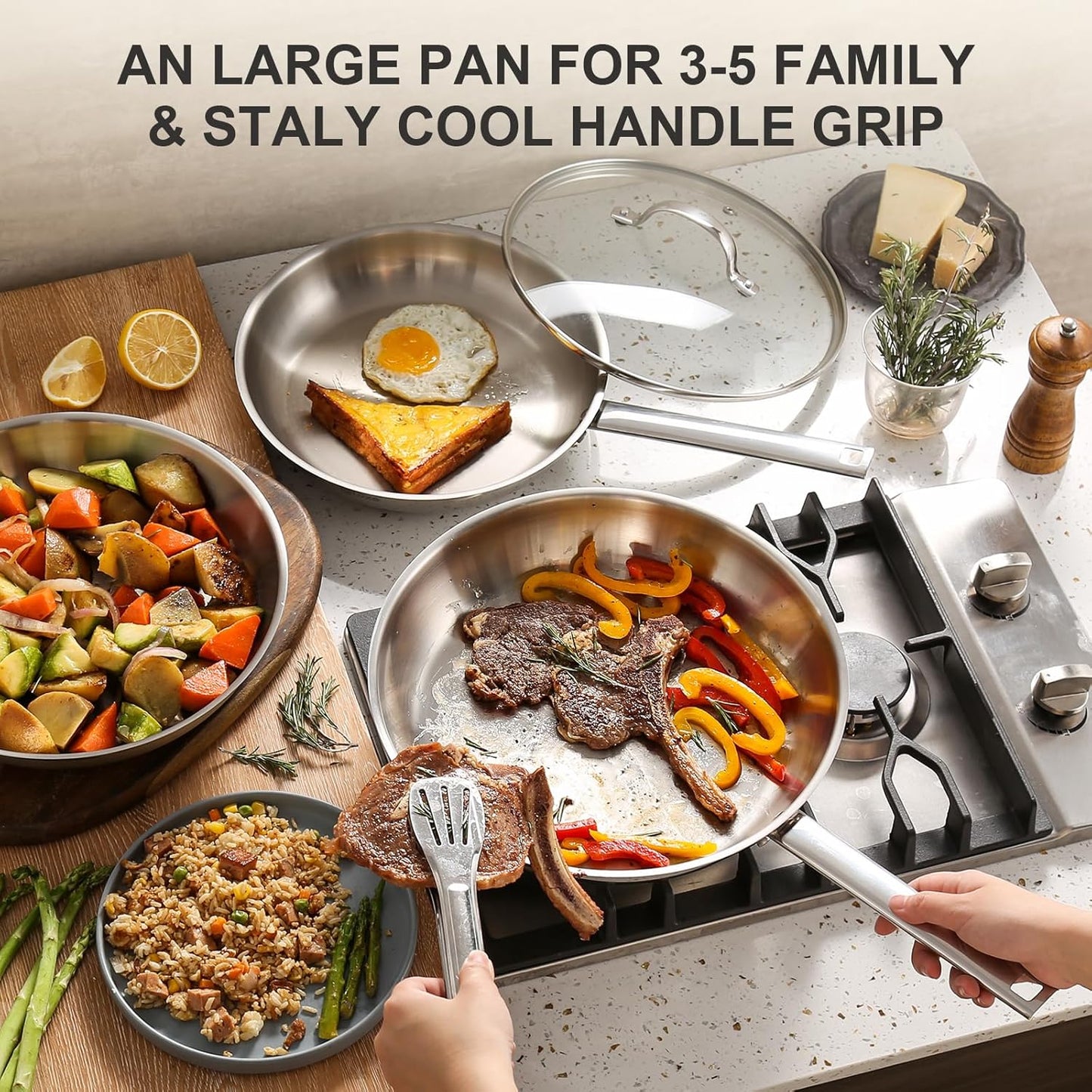 DELUXE Stainless Steel Frying Pan Set 4-Pieces, 10" and12 Skillet with Lid and Stay-Cool Handle, PFOA Free Stainless Steel Pan Suitable with Induction Gas Stoves, Dishwasher&Oven Safe