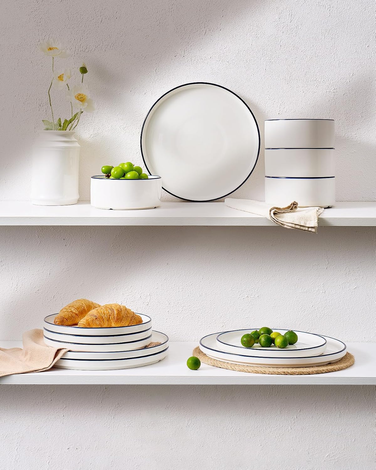 Famiware Porcelain Dinnerware Set, 18-Piece Modern Plate and Bowl Set, dish set for 6, Microwave and Dishwasher Safe Tableware, White with Blue Trim