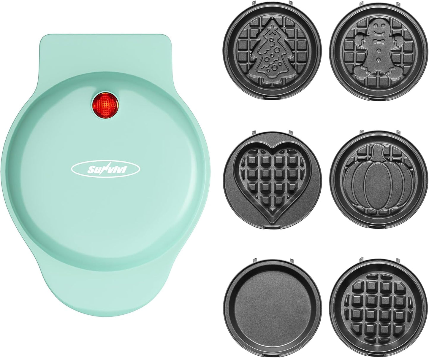 6 in 1 Mini Waffle Maker, 4” Waffle Iron with Removable Non-stick Plates, Perfect Mini Waffle Maker Machine for Kids and Families, Light Blue