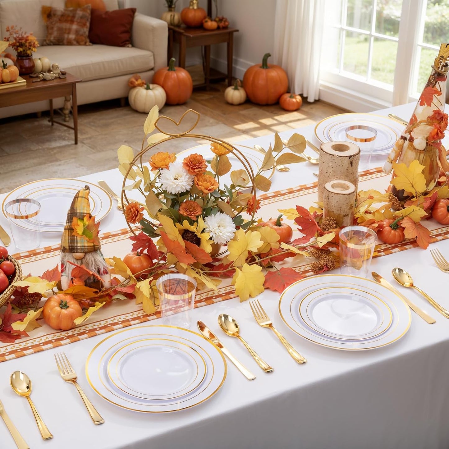 WDF 175PCS White and Gold Plastic Plates - Gold Plates Disposable - 25 Guest Thanksgiving Disposable Dinnerware Sets Include 50 Plate, 25 Cutlery, 25 Napkins and 25 Cups for Party/Thanksgiving/Wedding