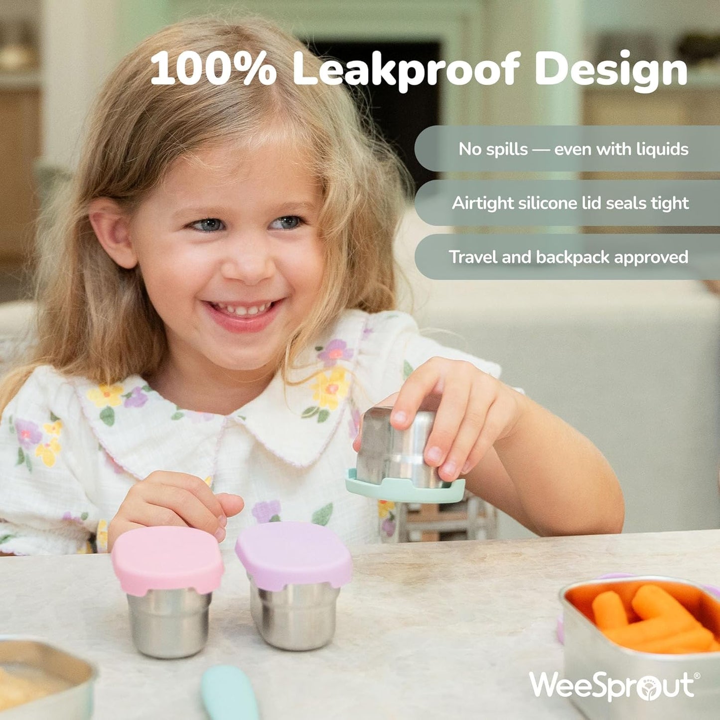 WeeSprout Stainless Steel Dip Containers with Leakproof Silicone Lids - 3 Pack - 2.7 Oz Reusable Snack & Sauce Cups - BPA-Free, Dishwasher & Freezer Safe Bento Box Lunch Boxes & Meal Prep Accessories