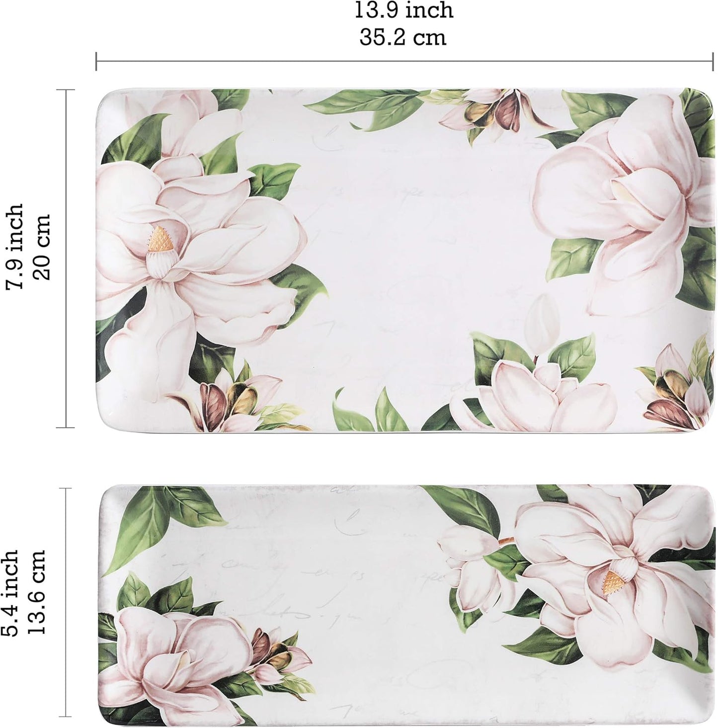 Bico Magnolia Floral Ceramic 14 inch Rectangular Serving Platter, Set of 2, for Serving Salad, Pasta, Cheese, Ham, Appetizer, Microwave & Dishwasher Safe