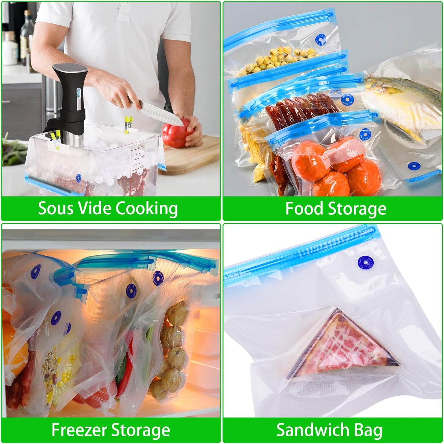Sous Vide Bags 30 Reusable Vacuum Food Storage Bags for Sous Vide, 3 Sizes Large Sous Vide Bags with Pump, 4 Sous Vide Bag Clips for Food Storage and Chefsteps, Anova, Joule, Wancle Sous Vide Cooking