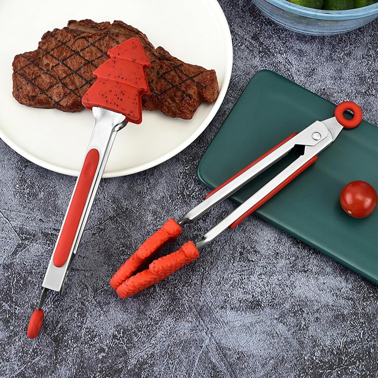 NileHome Christmas Kitchen Tongs, 2 Pack 10" Professional Stainless Steel Metal Tongs – Heat-Resistant for Grilling, BBQ, Serving Salad, Pasta, and Kitchen Use, Dishwasher Safe, Red